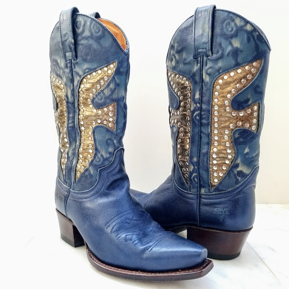 Frye Shoes - FRYE Dasiy Duke Blue Cowboy Boots Gold Python Logo